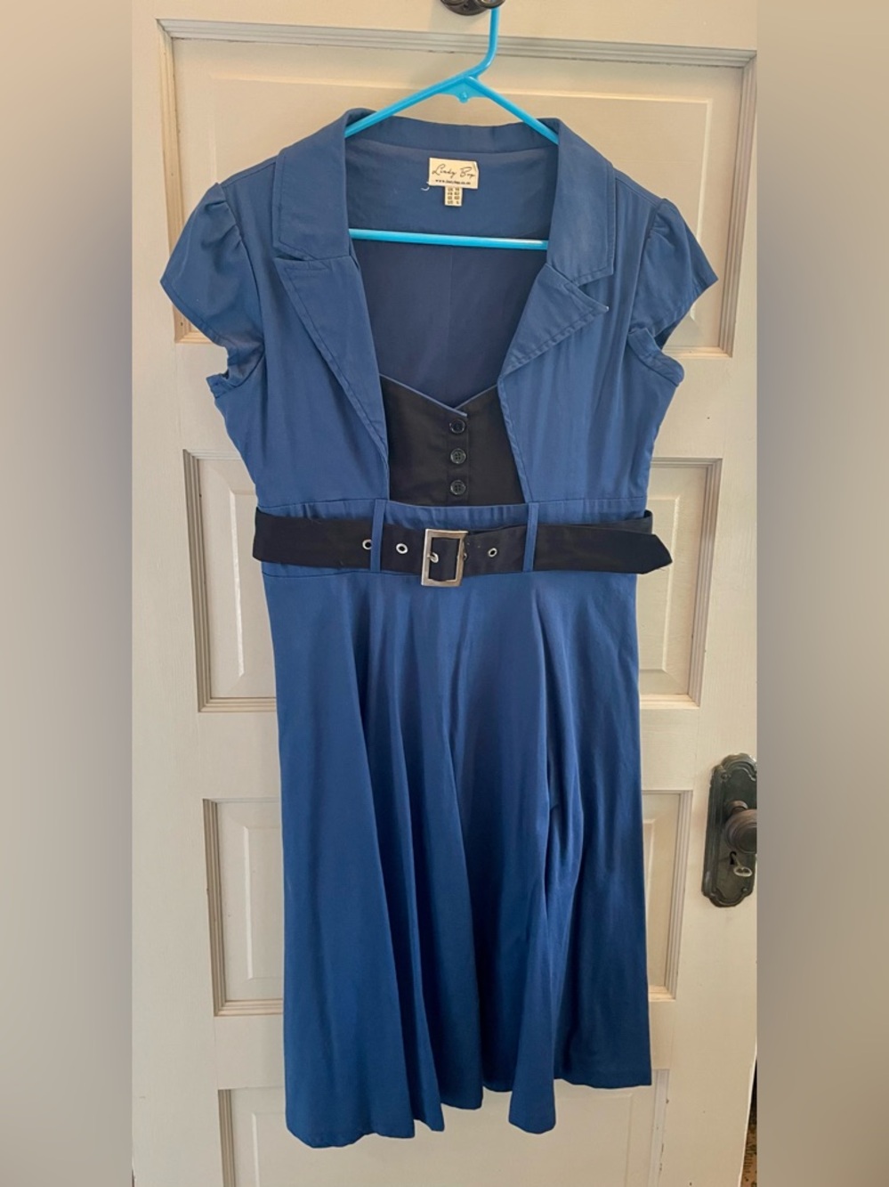 Lindy Bop Blue Fit-and-Flare Midi Dress with Black Waistband